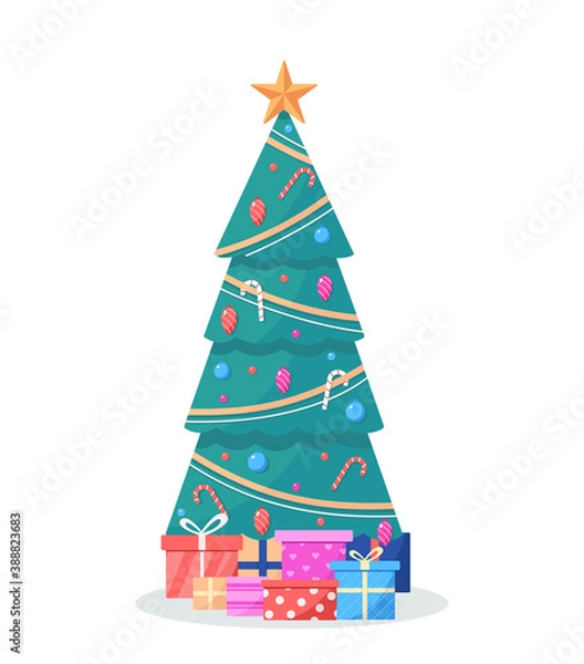 Obraz Christmas tree decorated with bright balls, lights and golden star with lots of gift boxes. Vector illustration in flat style for greeting card, poster, banner. Isolated on white background