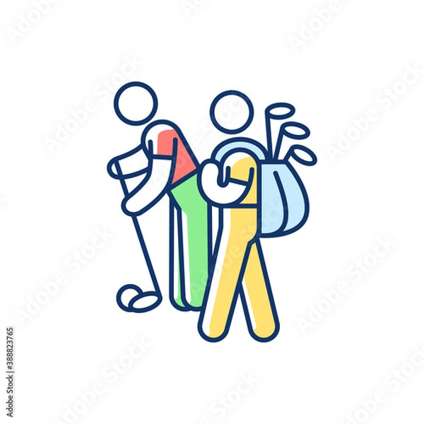 Fototapeta Caddy RGB color icon. Providing support to professional golf players. Caddie-master. Ensuring companionship. Carrying players bag and clubs. High school students job. Isolated vector illustration