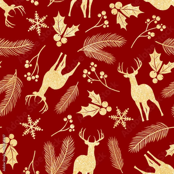 Obraz christmas new year holiday pattern with deer branches holly berries