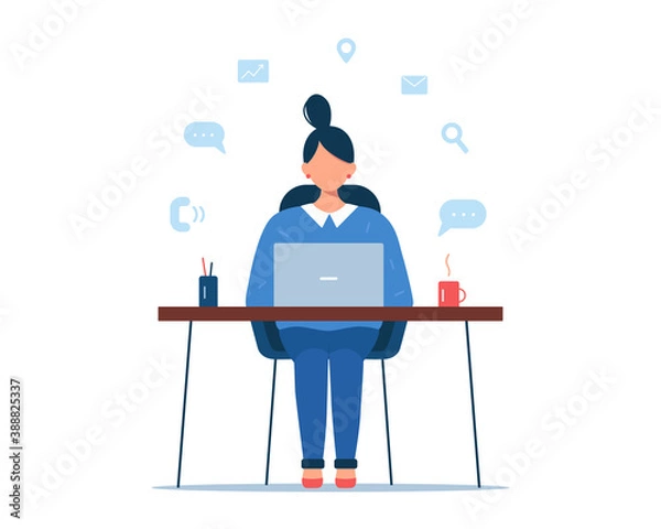 Obraz Woman working at laptop with icons around. Freelance, online learning, home office, remote work concept. Vector illustration isolated on white background