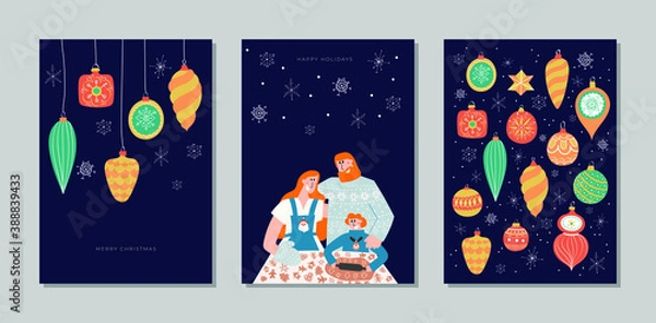 Fototapeta Hand drawn vector Merry Christmas and Happy New Year cards collection set with cute illustrations, happy family baking ginger cookies; vintage christmas tree decoration