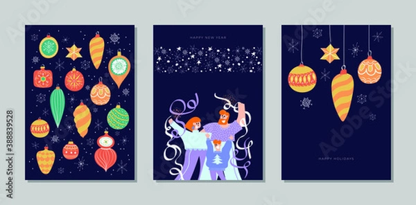 Fototapeta Hand drawn vector Merry Christmas and Happy New Year cards collection set with cute illustrations, happy family baking ginger cookies; vintage christmas tree decoration