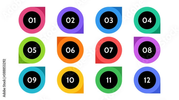 Fototapeta Bullet points data, info markers. icon arrow set. Number Flags 1 to 12 Flat design isolated vector. infographic illustration.