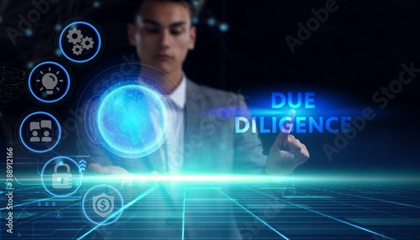 Fototapeta Business, technology, internet and network concept. Young businessman thinks over the steps for successful growth: Due diligence