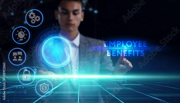 Fototapeta Business, technology, internet and network concept. Young businessman thinks over the steps for successful growth: Employee benefits