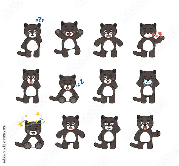 Fototapeta Set of chibi cat mascots showing various emotions. Cute cat thinking, jumping, angry, surprised, sleeping, crying, showing silly face and other expressions. Vector illustration bundle