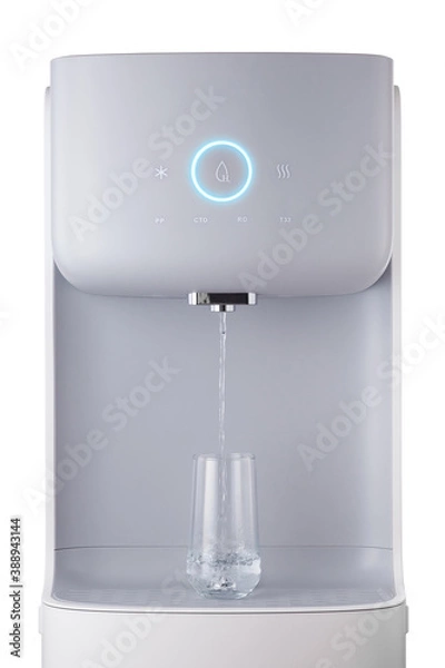 Fototapeta Modern technology concept. New water cooler format. A glass of pouring water. Touch panel with glowing indicator. Technological design.