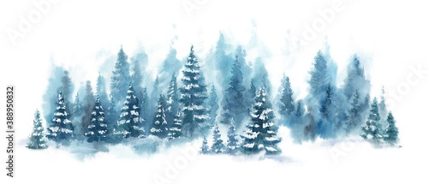 Obraz Watercolor Blue winter landscape of foggy forest hill. Wild nature, frozen, misty, taiga. Horizontal watercolor background. Evergreen coniferous trees.