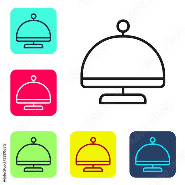 Fototapeta Black line Covered with a tray of food icon isolated on white background. Tray and lid sign. Restaurant cloche with lid. Set icons in color square buttons. Vector.