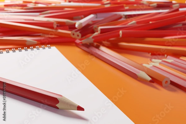 Fototapeta Pencils and sketchbook. Lots of pencils in warm colors next to a blank sketchbook on an orange background. 3D illustration