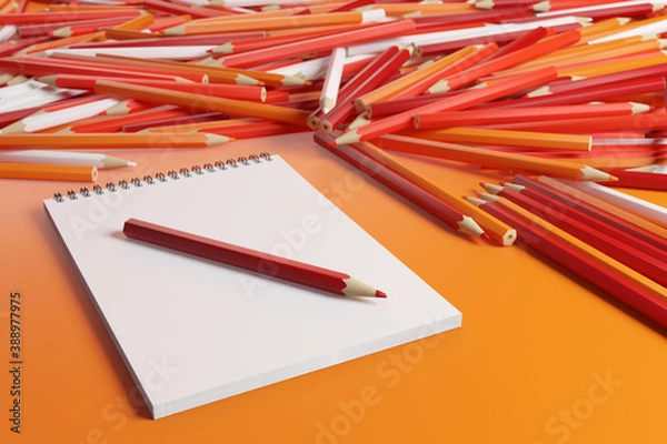 Fototapeta Pencils and sketchbook. Lots of pencils in warm colors next to a blank sketchbook on an orange background. 3D illustration