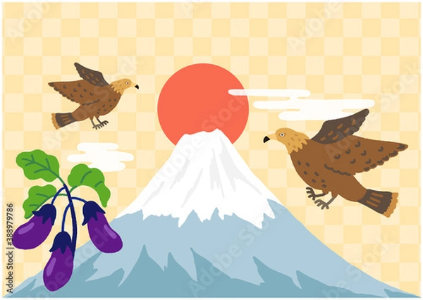 Obraz 一富士二鷹三茄子　市松模様の背景