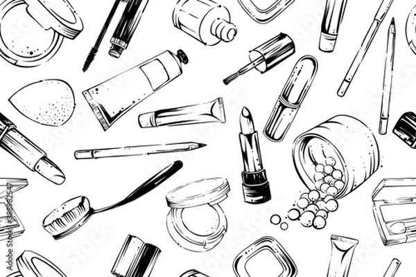Fototapeta Seamless pattern of make up products, hand drawn vector