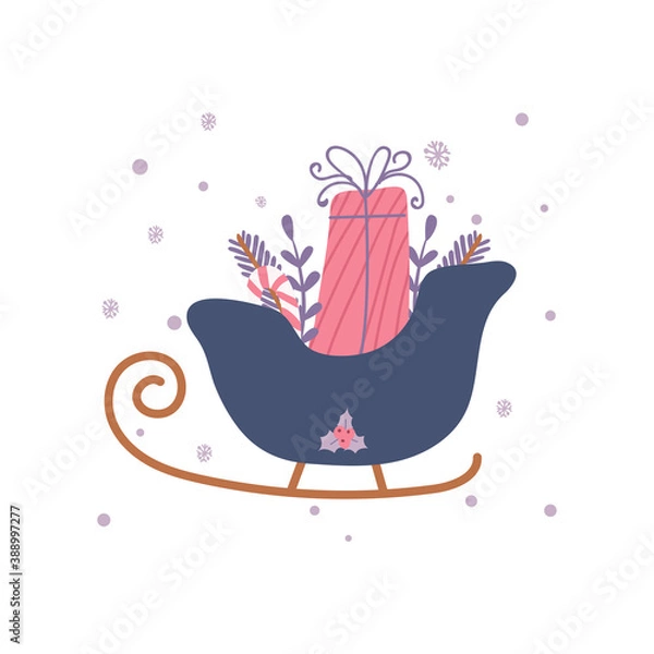 Fototapeta Christmas sleighs with tree branches decorations and a present isolated on white background. Christmas decorations card, vector illustration