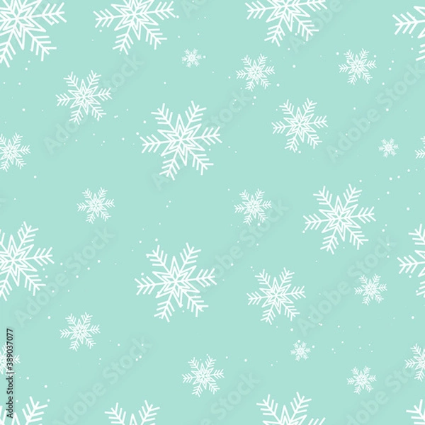 Fototapeta Seamless vector pattern with white snowflakes on the blue background