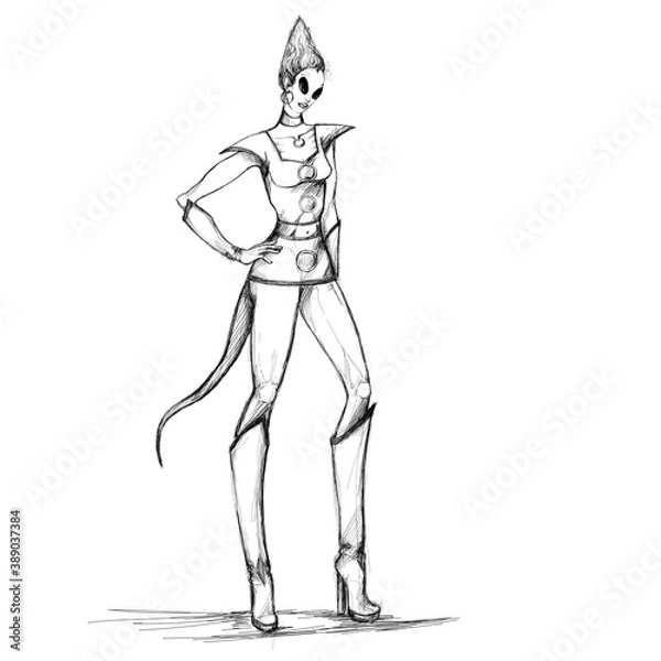 Fototapeta hand drawing art of alien girl in a mini skirt. black grafic on white background