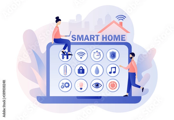 Fototapeta Smart home concept. Tiny people control of lighting, heating, ventilation and air conditioning, security and video surveillance with laptop. Modern flat cartoon style. Vector illustration