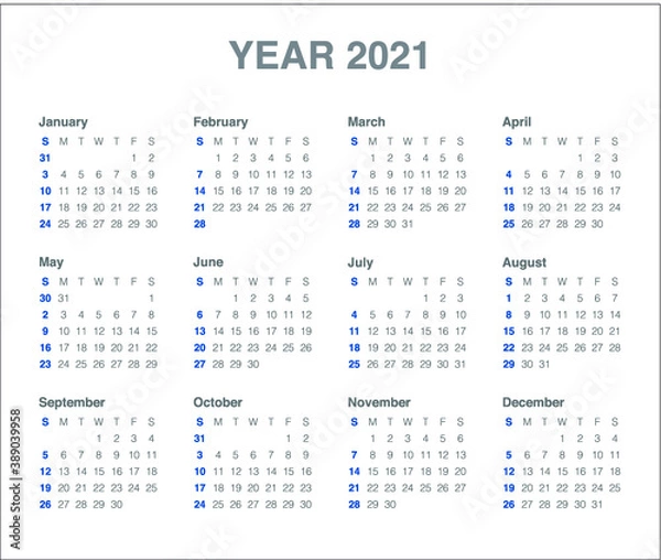 Fototapeta Calendar year 2021 calendar vector design template, simple and clean design