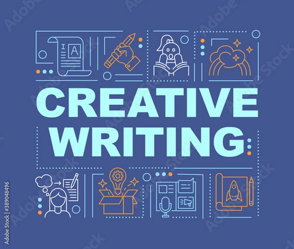 Fototapeta Creative writing word concepts banner. Storytelling and copywriting. Infographics with linear icons on navy background. Isolated typography. Vector outline RGB color illustration