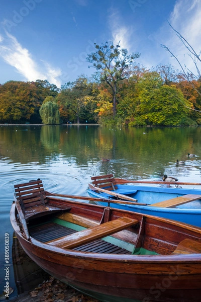 Fototapeta Kleinhesseloher See in München Schwabing (Englischer Garten) mit Booten im Vordergrund / Herbst