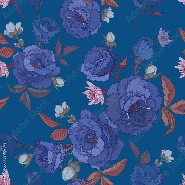 Fototapeta Vector floral seamless pattern with blue roses, chrysanthemums, and white jasmine