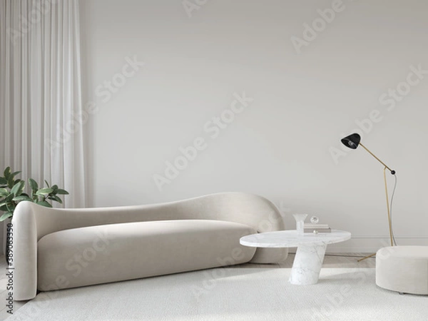 Obraz Salon w odcieniach beżu z bioniczną sofą, marmurowym stołem, po…