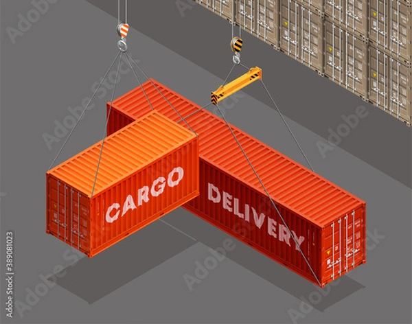 Obraz 3D Isometric shipping cargo 20 and 40 ft container with closed doors. Large metal 40 foot containers for transportation. Delivery of cargo shipping. illustration