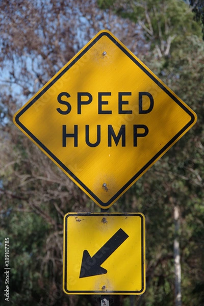 Fototapeta Close-up view of a yellow and black traffic sign SPEED HUMP and and arrow sign pointing at that location