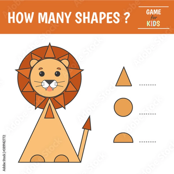 Fototapeta Educational game for kids. Geometrical figure lion. Count  circles, triangles, semi-circles. Preschool worksheet activity. Vector illustration
