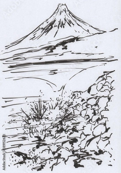 Fototapeta 富士山と海の墨絵