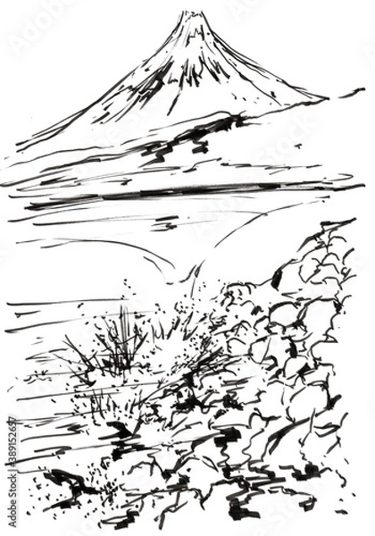 Fototapeta 富士山と海の墨絵