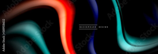 Fototapeta Dynamic motion abstract background. Color blurred stripes on black. Wave liquid lines poster. Vector illustration