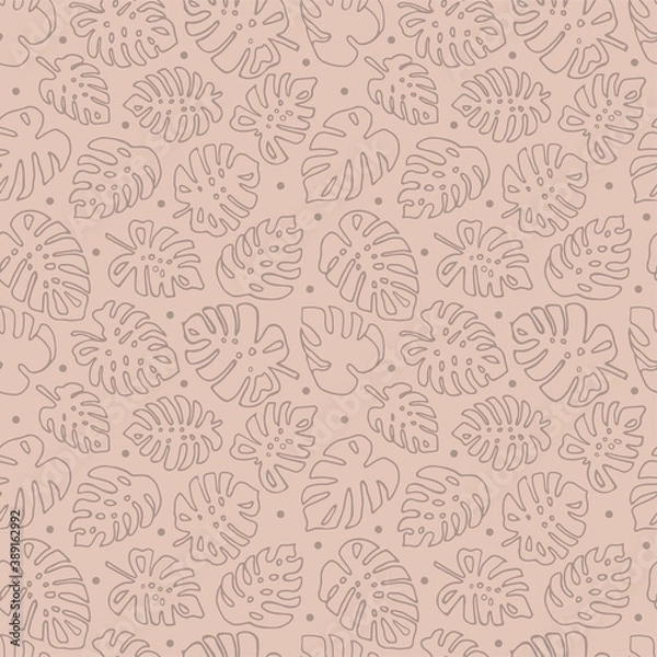Fototapeta Trendy seamless pattern monstera on pastel color. Vector seamless pattern.Doodle art elements.Design for fabric, postcards, bed linens, pillows, wallpaper, web page.Good for paper, poster, textile