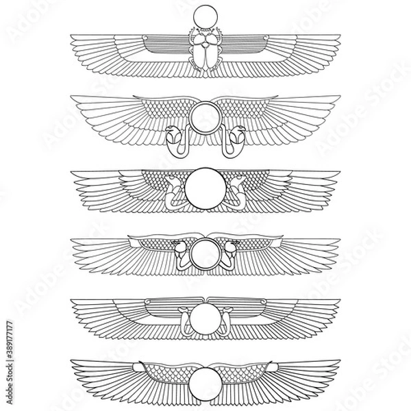 Fototapeta wektor monochromatyczny ikona zestaw z symbolem starożytnego Egiptu Skrzydlate słońce dla twojego projektu