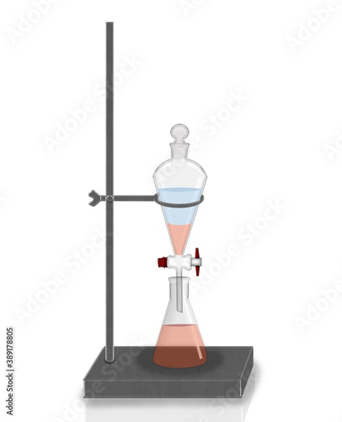 Fototapeta 3d illustration separating funnel  laboratory glassware used in liquid-liquid extractions to separate or partition the components of a mixture into two immiscible solvent phases of different densities