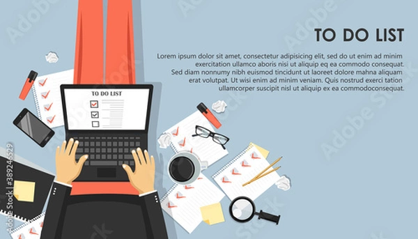 Fototapeta To do list concept. Office work desk with equipment and bunch of papers with red marks. Flat vector illustration