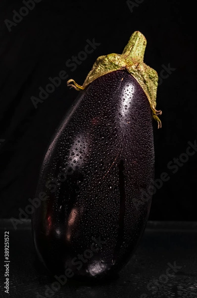 Obraz Close up wet eggplant isolated on black background