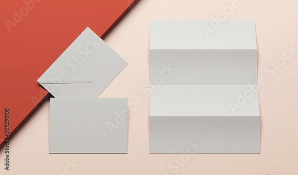 Obraz Mock-up Template for branding identity. Blank envelopes on red and beige background. 3d rendering illustration. Clipping path of each element included.