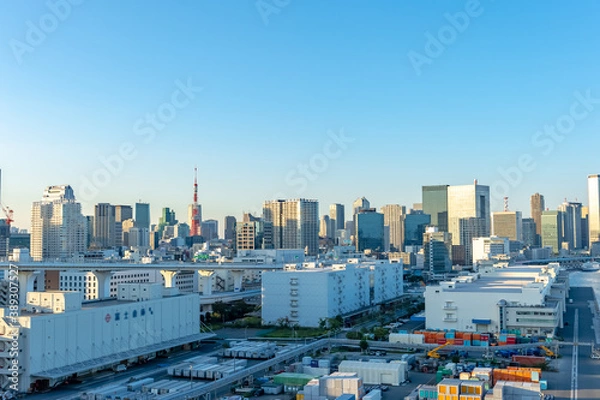 Fototapeta 東京都港区芝浦埠頭から見た倉庫街の景色