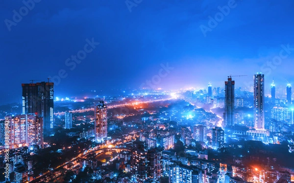 Fototapeta The eastern seaboard of Mumbai as seen in this night cityscape picture taken in the middle of the rains.