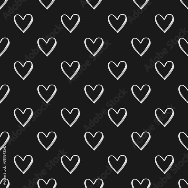 Fototapeta Valentine's Day seamless pattern with white watercolor heart outlines on black background