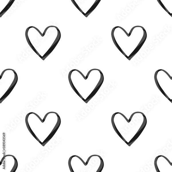 Obraz Valentine's Day seamless pattern with black watercolor heart outlines on white background