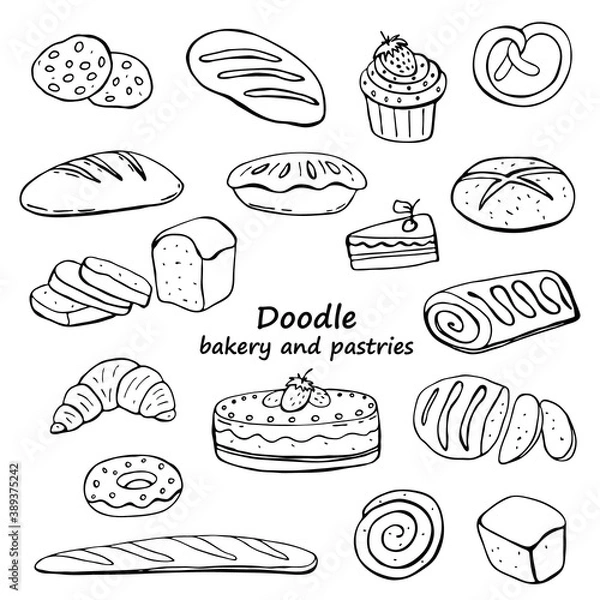 Fototapeta Doodle image of bakery and pastries on white background. An image of a hand-drawn food. Vector for web, print, textile.