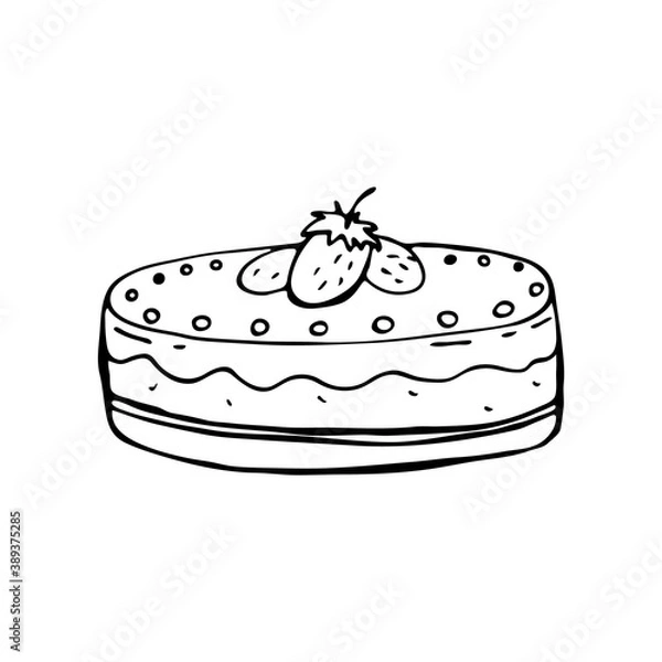 Fototapeta Doodle images of cake with strawberries. An image of a hand-drawn food. Vector for web, print, textile.