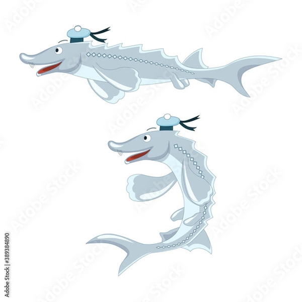 Fototapeta Funny kind cartoon fish sturgeon smiles and wears peakless cap like a sailor, vector isolated collection with straight and half ring fish's body.