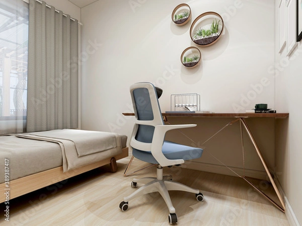 Fototapeta Modern design of the bedroom, there are large bed, dressing table and other facilities