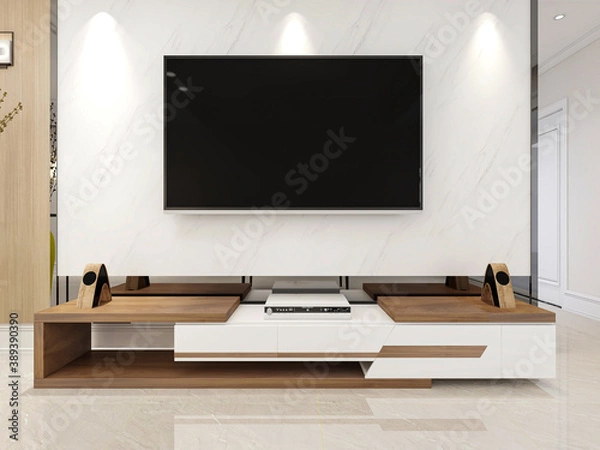 Fototapeta There are cloth sofa and table in the clean living room