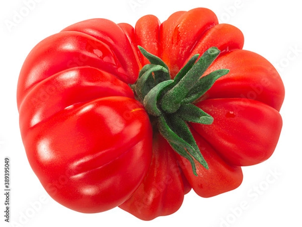 Obraz Heirloom ribbed tomato (Solanum lycopersicum fruit), top view,  isolated