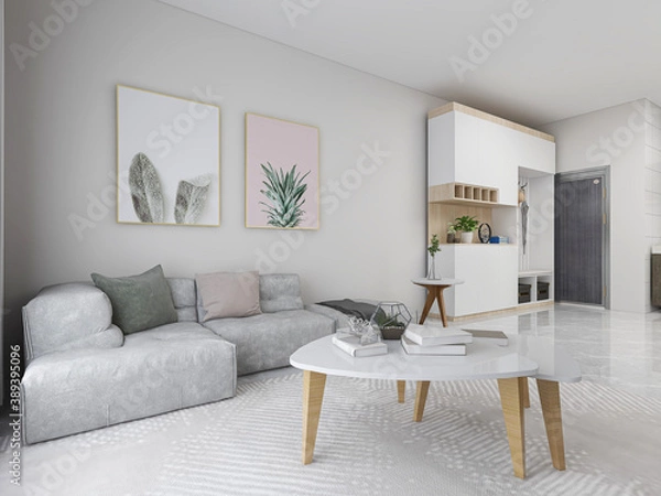 Fototapeta There are cloth sofa and table in the clean living room