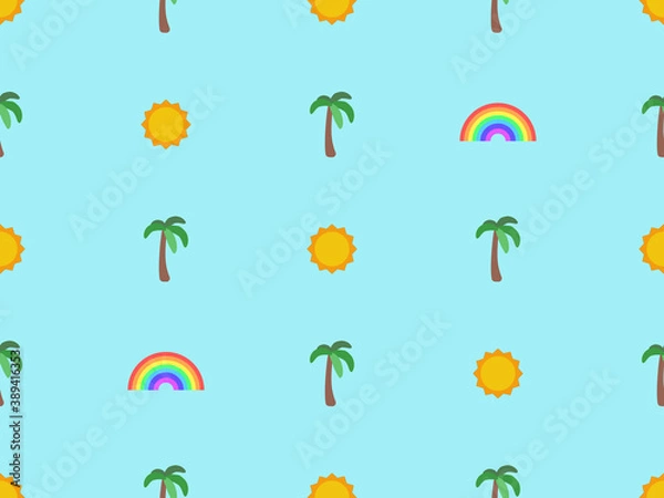 Fototapeta pattern summer vector illustration isolated on blue background. seamless flat summer season for backdrop, wallpaper, texture, decoration. flat sun, palm tree, rainbow icon for weather forecasting